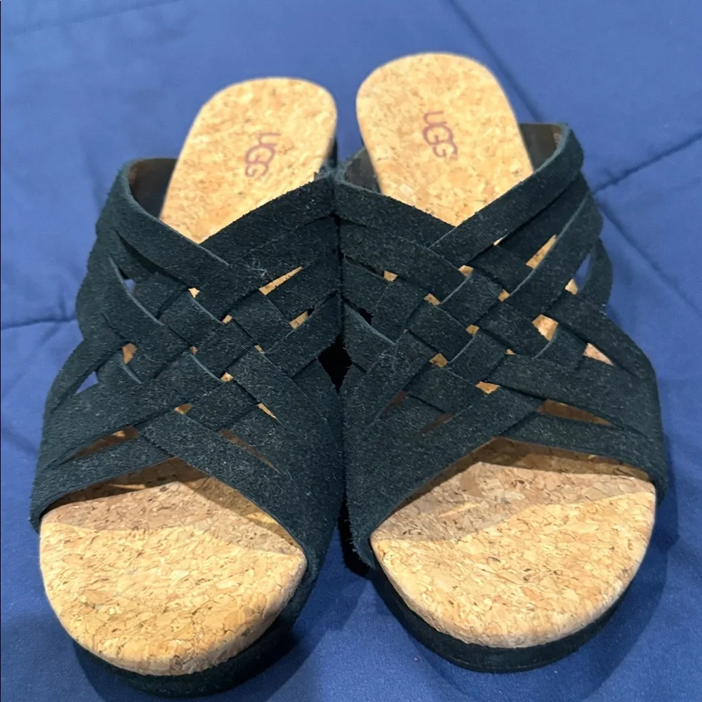 UGG Black Crisscross Cork Wedge Sandals NWOT size 7